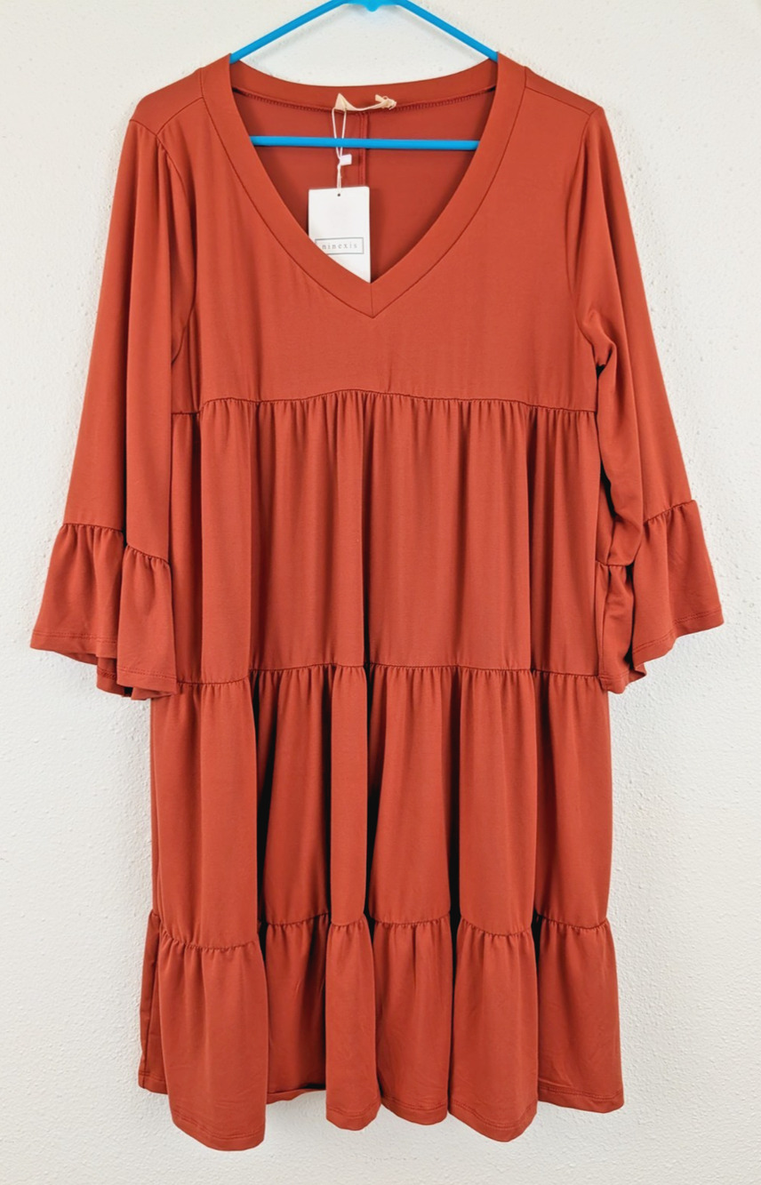 New Ninexis sz L Dress layered tiered orange knit 3/4 sleeves ruffles 1463